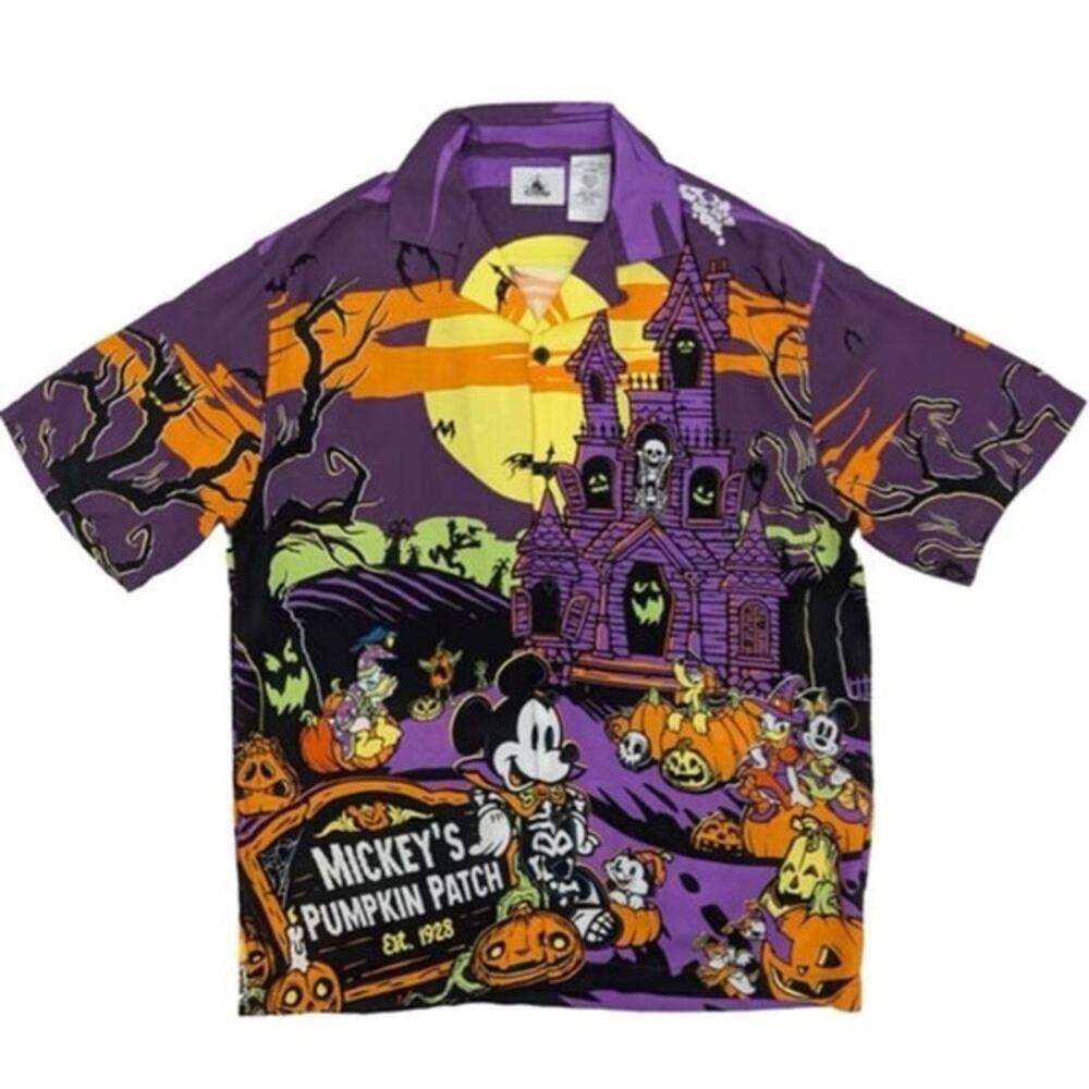 Disney Mens Purple Mickey Mouse Halloween Short Sleeve Button-Down Shirt medium